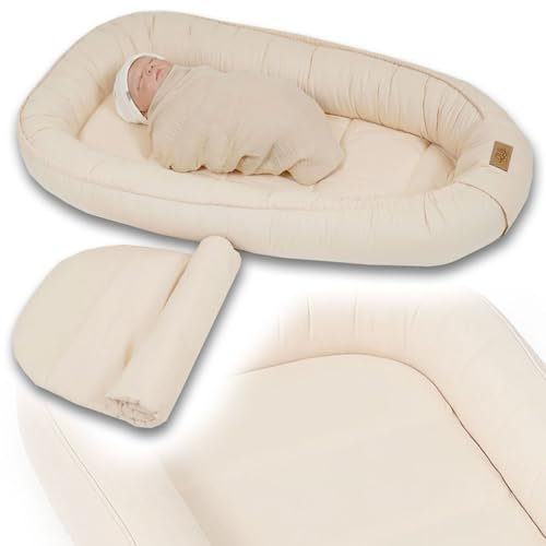 PaLulli® Extra Großes Babynest 100x60 cm | Set mit herausnehmbarer Einlage Baumwolle | Beidseitig nutzbares Kuschelnest für Babys | Handgefertigt, Atmungsaktiv & Sicher (Beige)