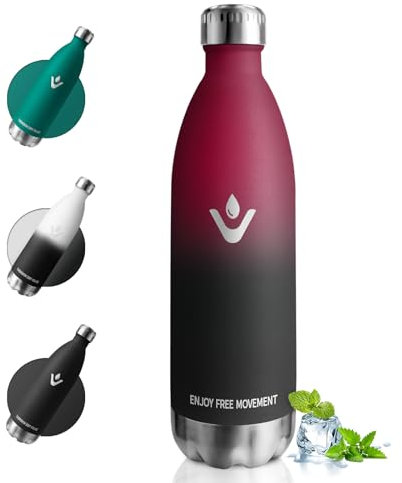Botella Termica 1L, Botella de Agua Reutilizable con Doble Aislamiento, Cantimplora Termica Acero Inoxidable sin BPA, A Prueba de Fugas, Termo Agua para Niños, Escuela, Oficina, Gimnasio y Deporte