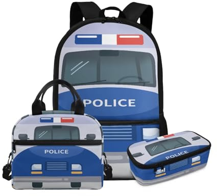 YDFISH Jungen-Rucksack für Schule, Kinder, Büchertasche mit Lunchbox, Grundschule, Büchertasche, Jungen, Reise-Tagesrucksack, Polizeiauto, Medium