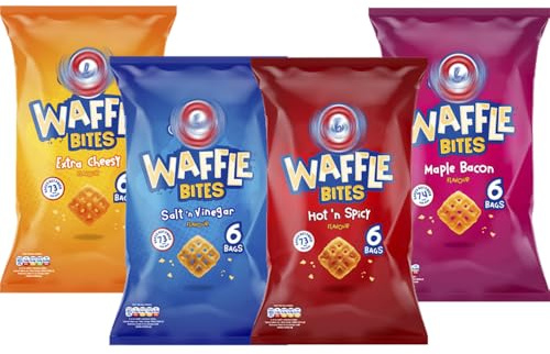 4 x Mixed Flavours of Sea Brok Waffle Extra Cheesy, Salt & Vinegar, Maple Bacon,Hot & Spicy 6pk Chips Bags (6 x 16g)