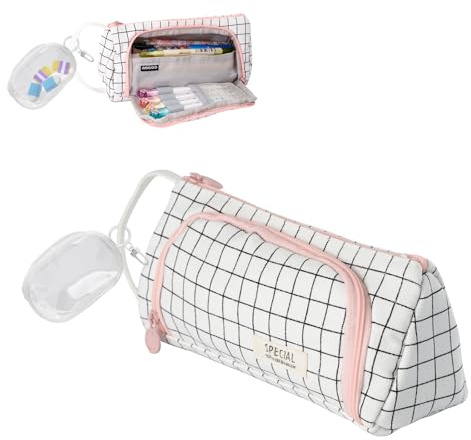 WRENYZK Federmäppchen Mädchen, Große Kapazität Mäppchen, Grossem Teenager Pencil Case mit Mini Tasche für Middle High School College Büro Geschenk (Weiß Kariert)