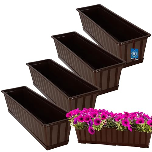 KOTARBAU® Blumenkasten für Balkon mit Untersetzer, 60x18x14 cm, 4er Set | Balkonkästen, Blumenkasten für Fensterbank außen, Balkon Pflanzkasten rechteckig, Balkonkasten aus Kunststoff, Braun