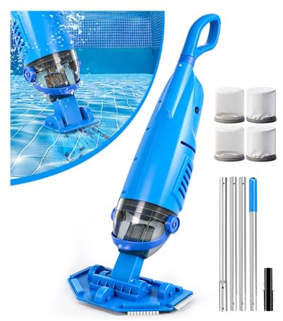 LanBlu Poolsauger Akku, Doppelbürstenköpfe Pool Staubsauger Akku mit Teleskopstange bis zu 250cm, 4200L/H Poolsauger Bodensauger mit 4 Filter,Rückflussverhinderungsdesign Pool Bodenreiniger Dunkelblau