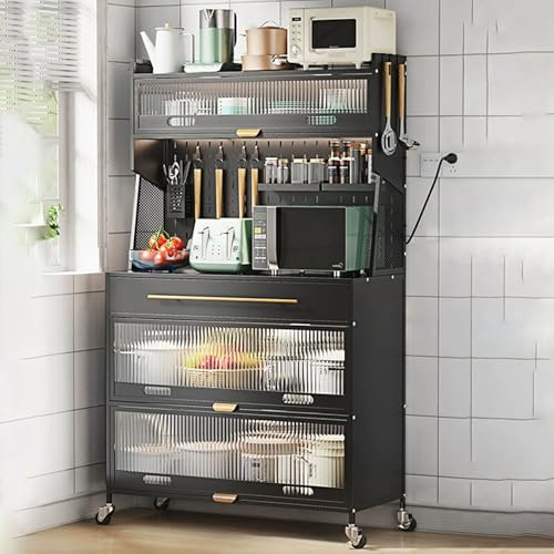 JIAOCKJIAO Étagères À Pâtisserie À 5 Niveaux avec Rangement, Support pour Micro-Ondes sur roulettes avec Panneau Perforé, Armoire de Cuisine Haute avec Tiroir pour Maison(Nero,80cm/31.4in)