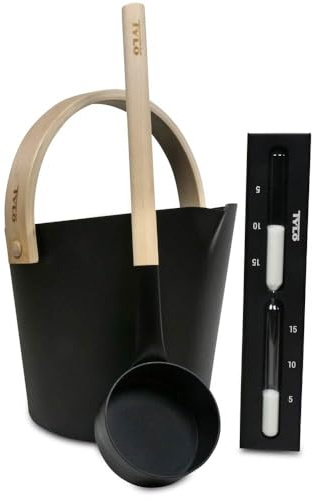 Tylö Saunakübel Set 3-teilig - Brilliant Serie - Kübel Kelle Sanduhr - Eloxiertes Aluminium sandgestrahlt - Mit Ausguss - Birkenholzgriff mit Espenverstärkung (Brilliant Black)