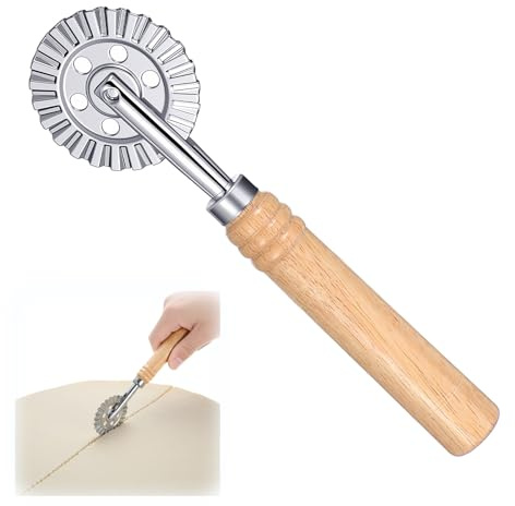 Pasta Cutter Wheel Ravioli Cutter Wheel with Roller Pastry Cutter Wheels with Long Wooden Handle, 6.7inch Dumpling Lace Making Zinc Alloy Noodle Making Cutter for Kitchen