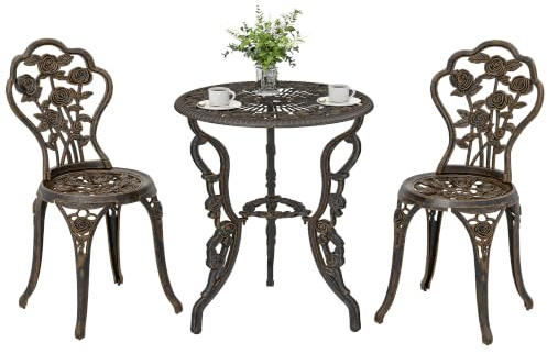 Outsunny Garden Bistro Set 3 Piece Outdoor with Umbrella Hole Brown Tone | Cast Aluminium Garden Furniture Set, Antique Floral Round Coffee Table and Chairs, Small Balcony Furniture, Patio
