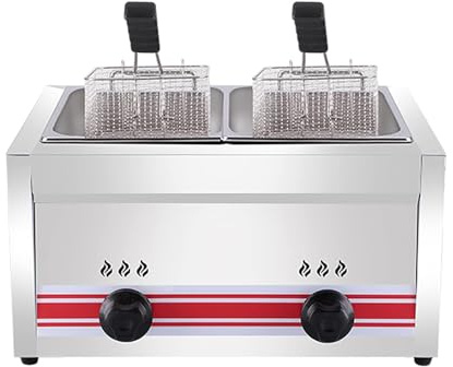 IVEJBZLWMN Freidora de Gas Profesional de Gran Capacidad (10 litros), de Acero Inoxidable para GLP, para Uso Comercial y doméstico, con termostato Ajustable, Incluye cestas y Tapas.
