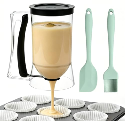 Black Pancake Batter Dispenser, Cake Batter Dispenser with Oil Brush Scraper Measuring Label, Baking Tool for Pancakes Cupcake, Waffle, Muffin Mix
