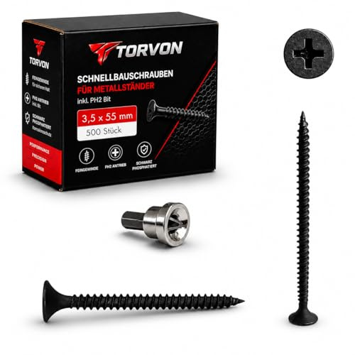 TORVON 3,5x55 mm inkl. PH2 Bit Schnellbauschrauben für Metallständer Trockenbauschrauben Feingewinde Senkkopf Schwarz phosphatiert 500 Stück