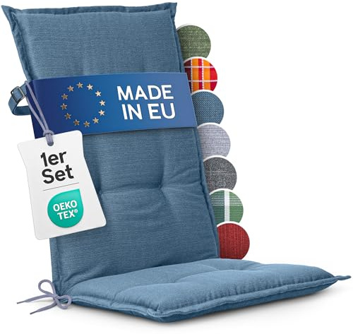 Homeoutfit24 Hochlehner Auflagen, Made in EU, 1er Set, Blau | 120x50 cm, Gartenstuhlauflagen Sitzauflagen, Oeko-Tex Zertifiziert, Hochlehner Polster