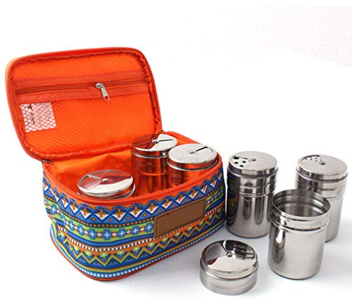 KBstore 6pcs Stainless Steel Seasoning Spice Jars with Rotating Lid - Outdoor Portable Travel Camping Condiment Pot with Container Carrier Bag Pouch #1