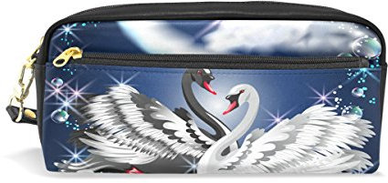Eslifey Romantische weiße und schwarze Schwäne tragbare Tasche PU Leder Schulstifteetui Stifteetui für Kinder Wasserdicht Kosmetik Tasche Make-up Beauty Case