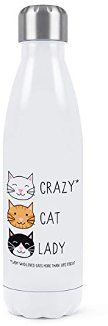 Crazy Cat Lady Double Wall Water Bottle Insulated Stainless Steel Sports Drinks 500ml White