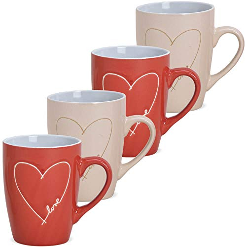 Tassen 4er Set Motiv Herz in beige rot im Landhausstil - Bunte Steingut Kaffeebecher in 280ml für Tee Kaffee Cappuccino - Süße Kaffeebecher spülmaschinenfest und mikrowellengeeignet als Geschenk