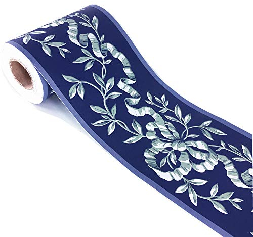 Meboom Selbstklebende marineblaue Blumenmuster-Tapete, Bordüre, Abziehstab, Wand, Decke, dekorativer Aufkleber, wasserdicht, 10 cm x 10 m