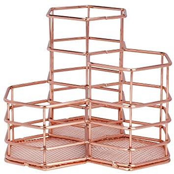 Metal Pencil Pot Makeup Brush Organizer Cup, Hexagon Hollow Pen Holder Desk Supplies Storage Container for Office Home School, Rose Gold