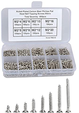 Fafeicy 800pcs M2 Vis Autotaraudeuses à Tête Plate Assortiment Kit, M2 x 4/5/6/8/10/12/16/20mm, M2 Vis à tête cylindrique avec Boîte de Rangement, Assortiment vis bois, Vis à tôle et autotaraudeses