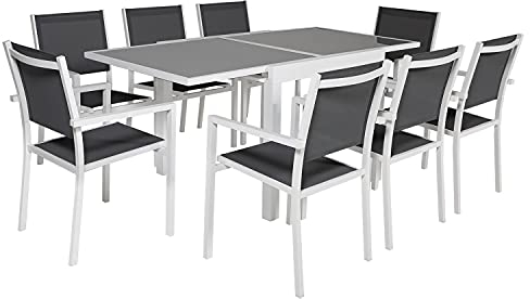 Salon de Jardin LAMPEDUSA Extensible en textilène Gris 8 Places - Aluminium Blanc
