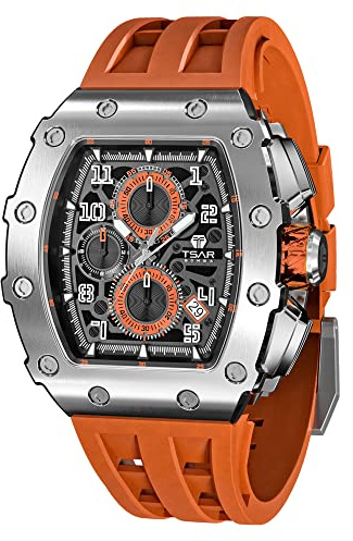 TSAR BOMBA Montre Homme 50M étanche Tonneau en Acier Inoxydable Saphir Bracelet en Silicone avec Fonction Fate Chronographe Mouvement à Quartz Japonais Cadeaux Mode Luxe