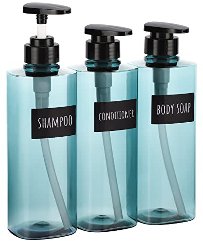 Segbeauty Seifenspender Küche, 3 Stück 500 ml Leere Pumpspender, Kunststoff Nachfüllbare Seifenspender Dusche, Spenderflasche mit Etiketten für Küche und Badezimmer, Seifenspender Blau