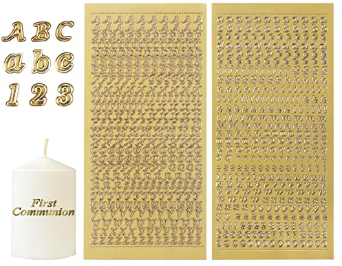 Sticker Buchstaben Zahlen 4 Blätter, Wachs Buchstaben Kerze, Wachsbuchstaben für Kerzen Mit Groß und Kleinbuchstaben, für Taufkerzen, Kommunionkerzen, Hochzeitskerze, Umschlag & Grußkarten, Gold