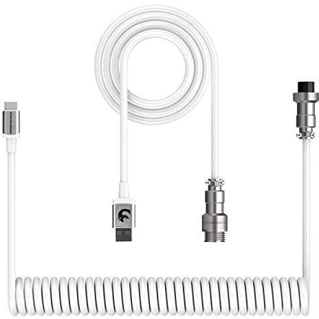 ZIYOU LANG C01 Custom Coiled USB C to A Cable with Detachable Double Sleeved Spiral Cable Extendable Spring Line Metal Aviator for PlayStation Xbox Keyboard Mouse USB Flash Drive Printer(White)