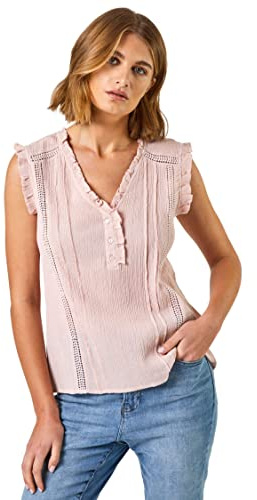 Roman Originals Women Ruffle Detail Cotton Crinkle Top - Ladies Spring Everyday Summer Holiday Work V-Neckline Comfy Sleeveless Soft Shirt Relaxed All-Over Blouses - Light Pink - Size 18