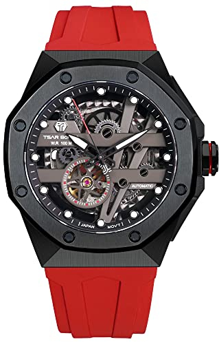 TSAR BOMBA Herrenuhren Automatik Uhren Herren Skelett Uhr Herren wasserdichte 10ATM mit FKM Uhrenarmband Schwarz Edelstahl Replikat Achteckig Geschenke Lässig Sport Leuchtende Militär für Männer Uhr