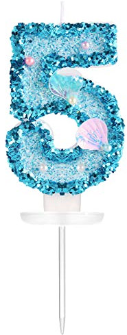 KINBOM 7,5cm Geburtstag Nummer Kerzen, Glitzer Zahlenkerze Blau Kuchenzahlenkerzen Muschel Pailletten Zahlenkerzen für torte Geburtstag Jubiläum Meerjungfrauen-Mottoparty (Zahl 5)