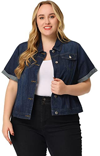Agnes Orinda Women's Plus Size Denim Jacket Button Front Work Crop Jean Short Sleeve Jackets Dark Blue XL