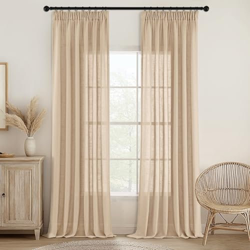 MIULEE Gardinen Vorhänge mit Kräuselband Voile Vorhang Modern Leinenoptik Halbtransparent für Wohnzimmer Schlafzimmer Schiebevorhang 2er Set Stores Beige 260x140 cm