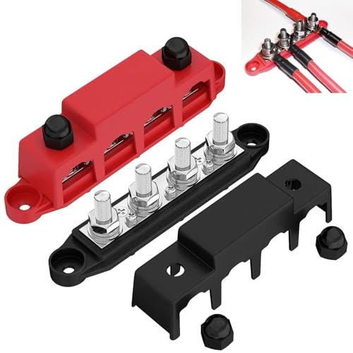 AULESSE 12V-48V DC Bus Bar Power Distribution Block 3/8 (M10) 4 Studs Heavy Duty Busbar Stud Terminal Junction Block with Cover and Ring Terminals 250 Amp for Cars RVs Ships Yachts (Red+Black)