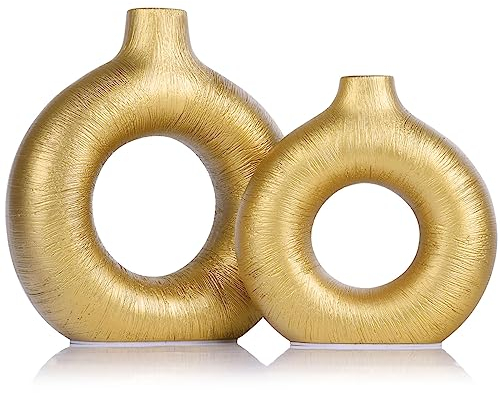 Gold Keramik Vase 2er Set - Modernes rundes Dekor Gold Keramik Vase, Rustikale Vintage Tischaufsteller für Wohnzimmer, Esszimmer, Küche, Boho, Bauernhaus, Blumendisplay, Hochzeit & Heimdekoration