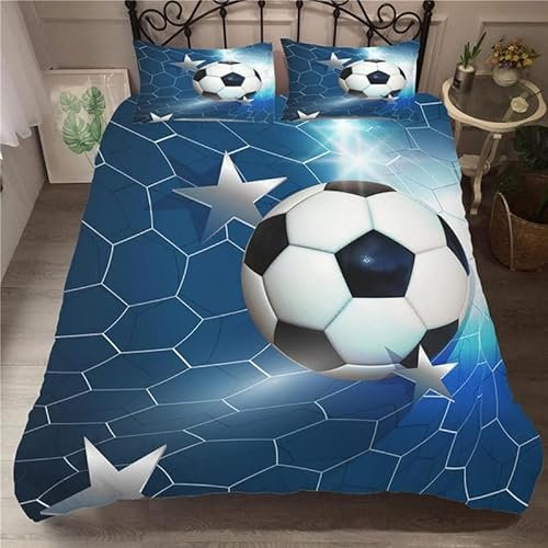 Parure de Lit 90x190 Enfant Football Bleu Housse de Couette 1 Personne Imprimée des Sports Housses de Couettes avec Fermeture Éclair en Microfibre et 1 Housse Couette 140x200 et Taie d’Oreiller