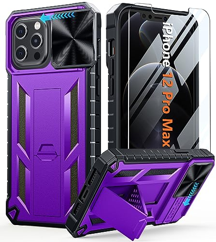 FNTCASE for iPhone 12-Pro Max Case: Rugged Military Grade Full Protection Shockproof Protective Case with Kickstand | TPU Matte Textured Heavy Duty Bumper Phone Cover for iPhone 12 Pro Max Purple
