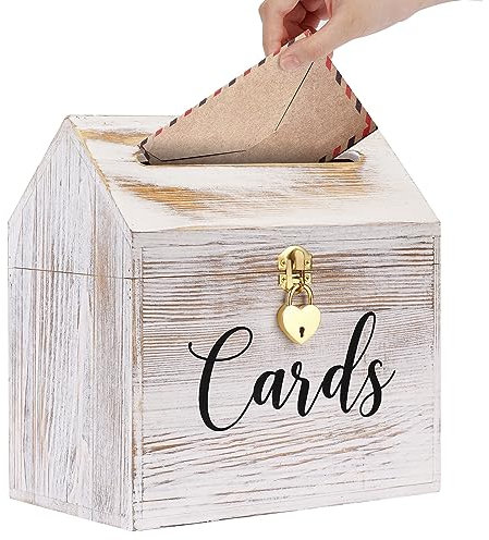Prounion Wedding Card Box for Reception, Vintage Large Wedding Gift Card Holder Box with Heart Lock, Big Card Envelope Holder Box with Lid Wood Card Box for Party, White