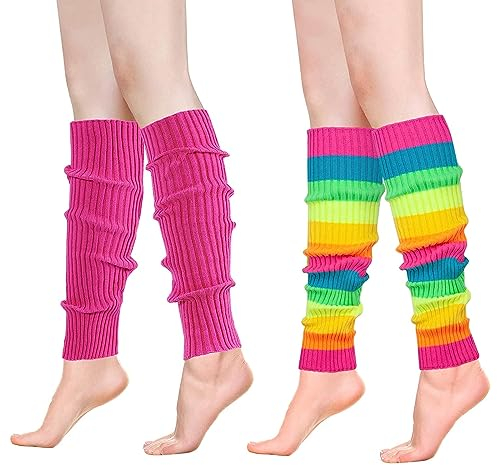 EQLEF 80er jahre neon beinwärmer, Regenbogen Kniewärmer und Rosa gestrickte Beinwärmer für Mädchen Farbe Beinwärmer für Retro 80er Jahre Theme Party Yoga Casual (neon beinwärmer, Regenbogen,Rosa)
