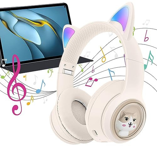 DISPRA Cat Ears Wireless Headphones - Long Battery Life Headphones with LED Light, Foldable Headphones for Music, Games, Adults