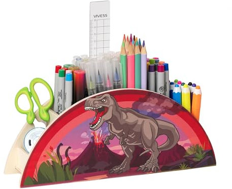 WAGOMA® Stiftehalter Dinosaurier [5 Fächer] | Robust & Langlebig | Schreibtisch Organizer für Kinder mit Farbenfrohem Dino-Motiv | Bringt Ordnung auf den Schreibtisch