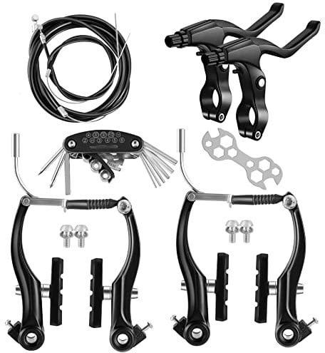 Hmseng Complete V-Type Bike Brake Set, Universal Bike Front and Rear MTB Brake,Inner and Outer Cables and Lever Kit with Multi-Tool Wrenches Black