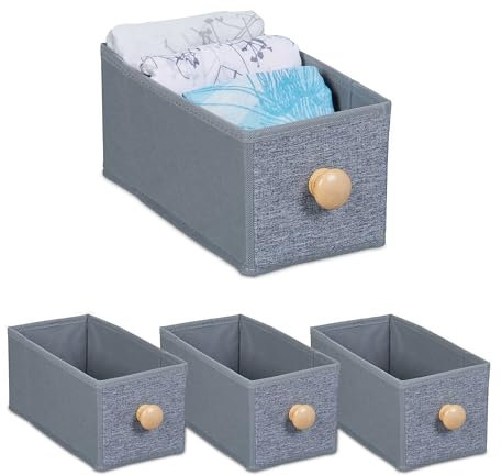 Relaxdays Aufbewahrungsbox 4er Set, Ordnungsbox Stoff, 4 L, Regalkorb faltbar, mit Griff, HBT: 12,5 x 14 x 27,5 cm, grau