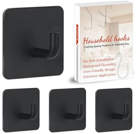 Vacallity 4Pieces Self Adhesive Hooks Stainless Steel Sticky Coat Hooks Waterproof and Rustproof Hooks Towel Holder for Bathroom Bedroom Door No Drilling Required Black