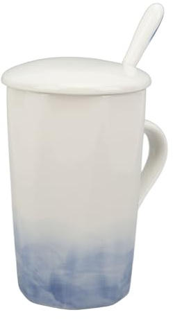 400ml Ceramic Mug Coffee Mugs Ceramic Coffee Mug with Spoon and Lid Novelty Porcelain Mugs Large Coffee Mugs for Home Office (Blue)