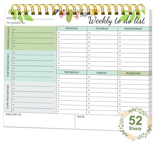Wochenplaner Block - To Do Listen Block Undatiert 52 Blätter, A4 To-Do-Listen-Notizblock für Frauen & Männer, Wochenplaner Notizbuch für Zuhause, Perfekt für Wöchentliche Aufgaben, 21.5 x 28cm