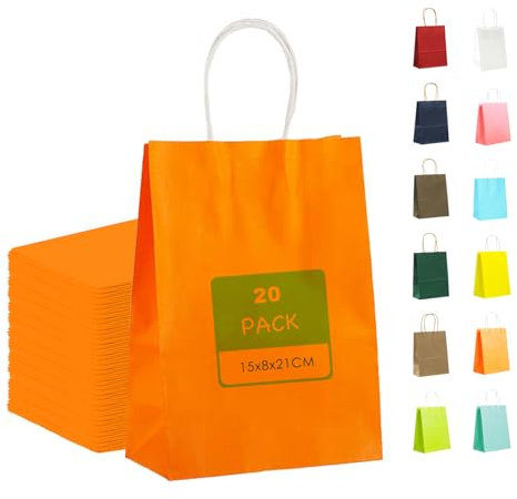 MORAINJAY 20 Stück Geschenktüten mit Henkel,Kraftpapiertüten,15x8x21cm Orange Papiertüten für Geschenkverpackung,Gastgeschenke Tüten für Einkaufen,Hochzeiten,Verpackungen,Kindergeburtstag