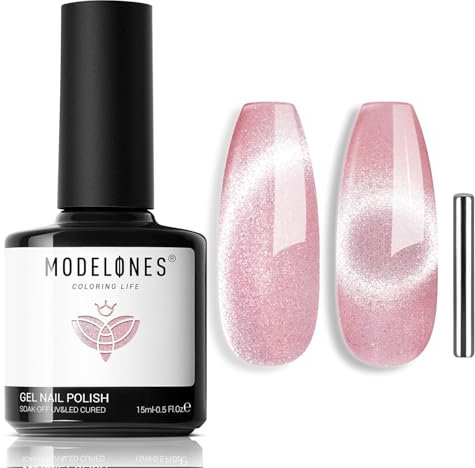 MODELONES UV Nagellack Cat Eye 15 ML, Rosa mit Magnet, Pink Cat Eye Uv Gel, Glitter Silver Off Reflective Translucent Gel Magnetic Nagellack für Frauen und Mädchen