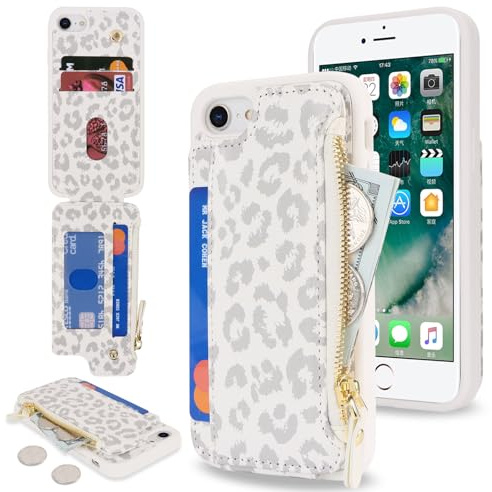 SailorTech Handyhülle für iPhone 7/8 Etui mit Kartenfach, iPhone SE2/SE3 Hülle mit Kartenhalter, iPhone SE 2020 /SE 2022 Handyhülle mit Reißverschluss Geldbörse - - Weißer Leopard