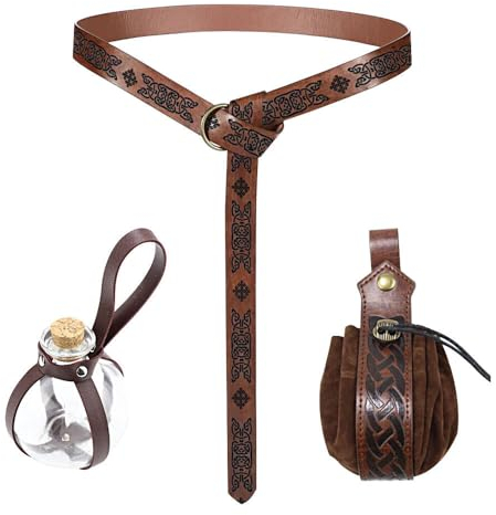 XPJBKC Mittelalter Gürtel, Geprägter Kunstleder Gürtel Halloween Nekromanten Anzug mit Mittelalter Tasche und Zaubertrank Flasche, Mittelalter Kleidung Wikinger Gürtel für Damen Herren Accessoires Set