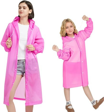LURNODY Lot de 2 (Adulte + Enfant) Imperméable, Poncho Pluie Enfant, Respirant Et Confortable, Cape de Pluie Femme Réutilisable, Adapté Aux Voyages, Concerts, événements, Etc. (Rose)